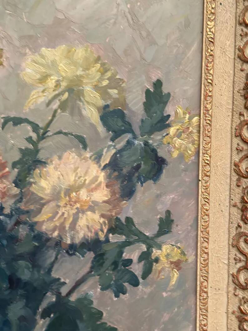Original Swedish Oil on Panel – “Chrysanthemums” by Max Hellberg – Signed – Vintage & Framed – 68 × 58 cm (26.8" × 22.8")