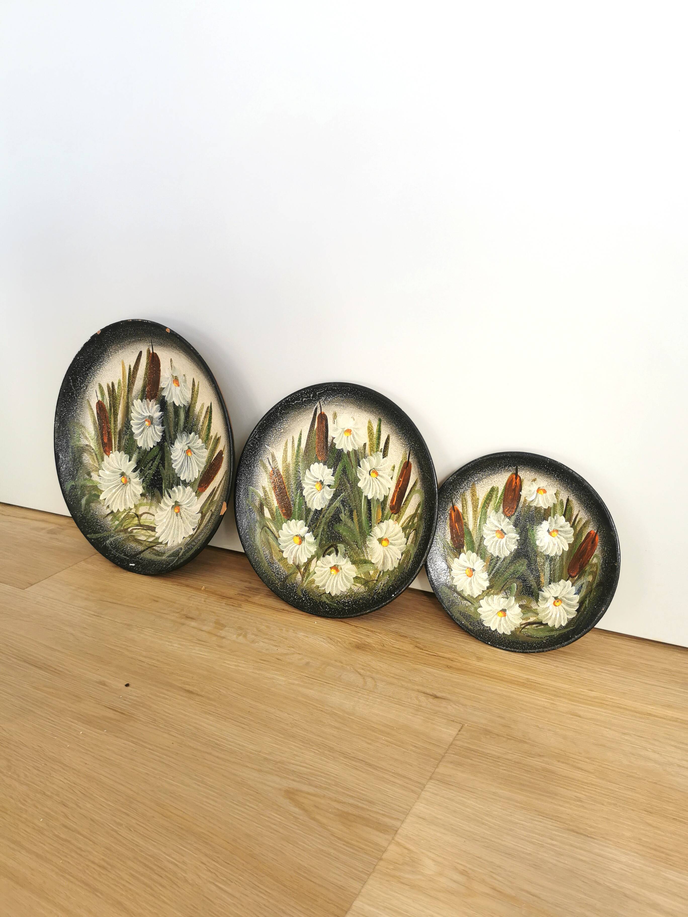 Vintage Hand-Painted Clay Plates: 1970s Yugoslavian Floral Wall Decor