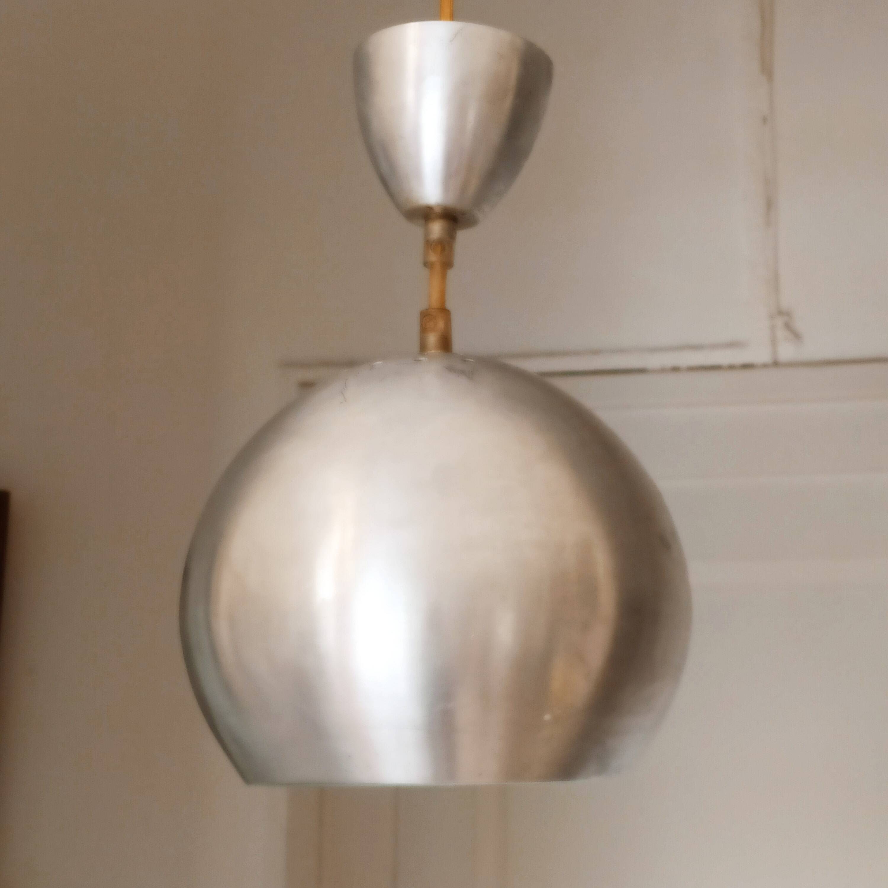 Vintage 70's ball pendant light in brushed aluminum