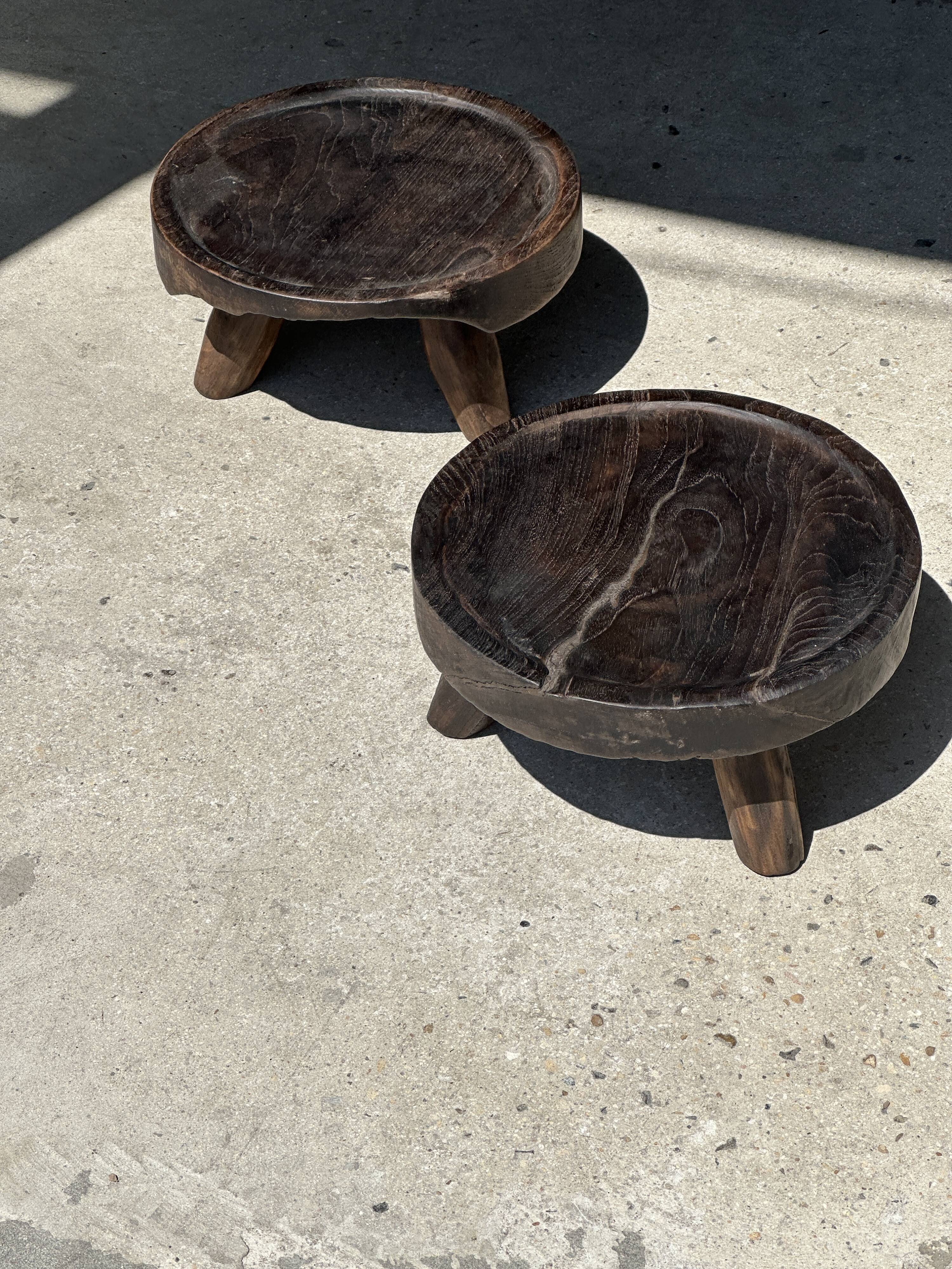 Small tripod stool low in dark brown upcycled teak