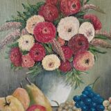 Still life flowers and fruits painting on canvas signed