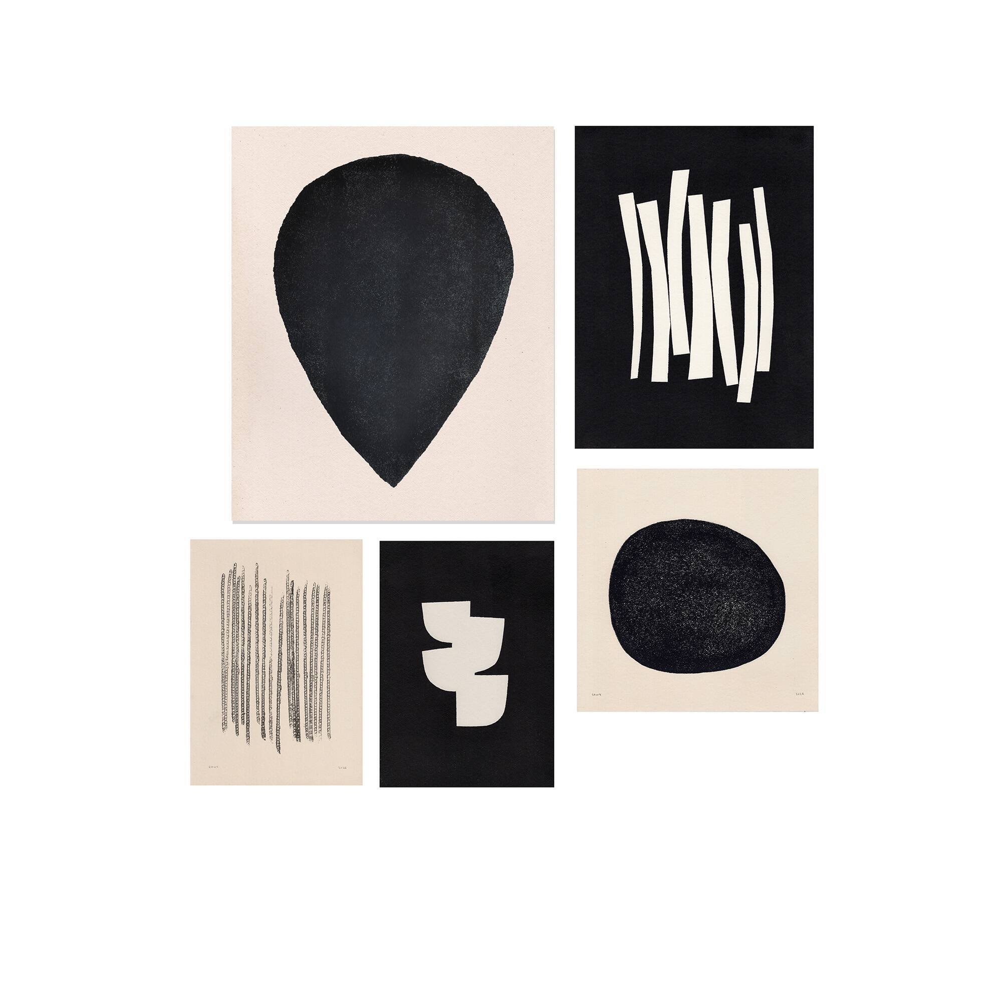 Collection of 5 black paintings on paper signed Eawy.