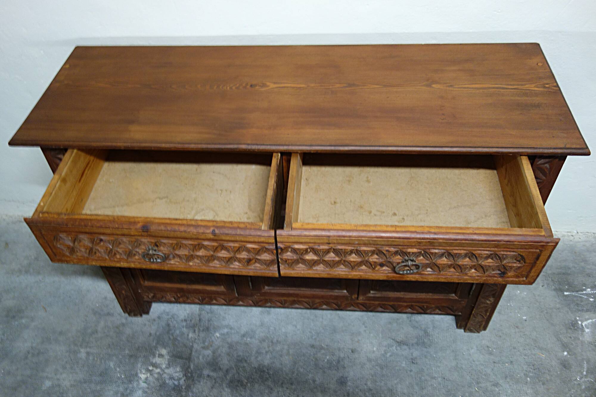 Carved pine sideboard, mountain folk art, 1950s