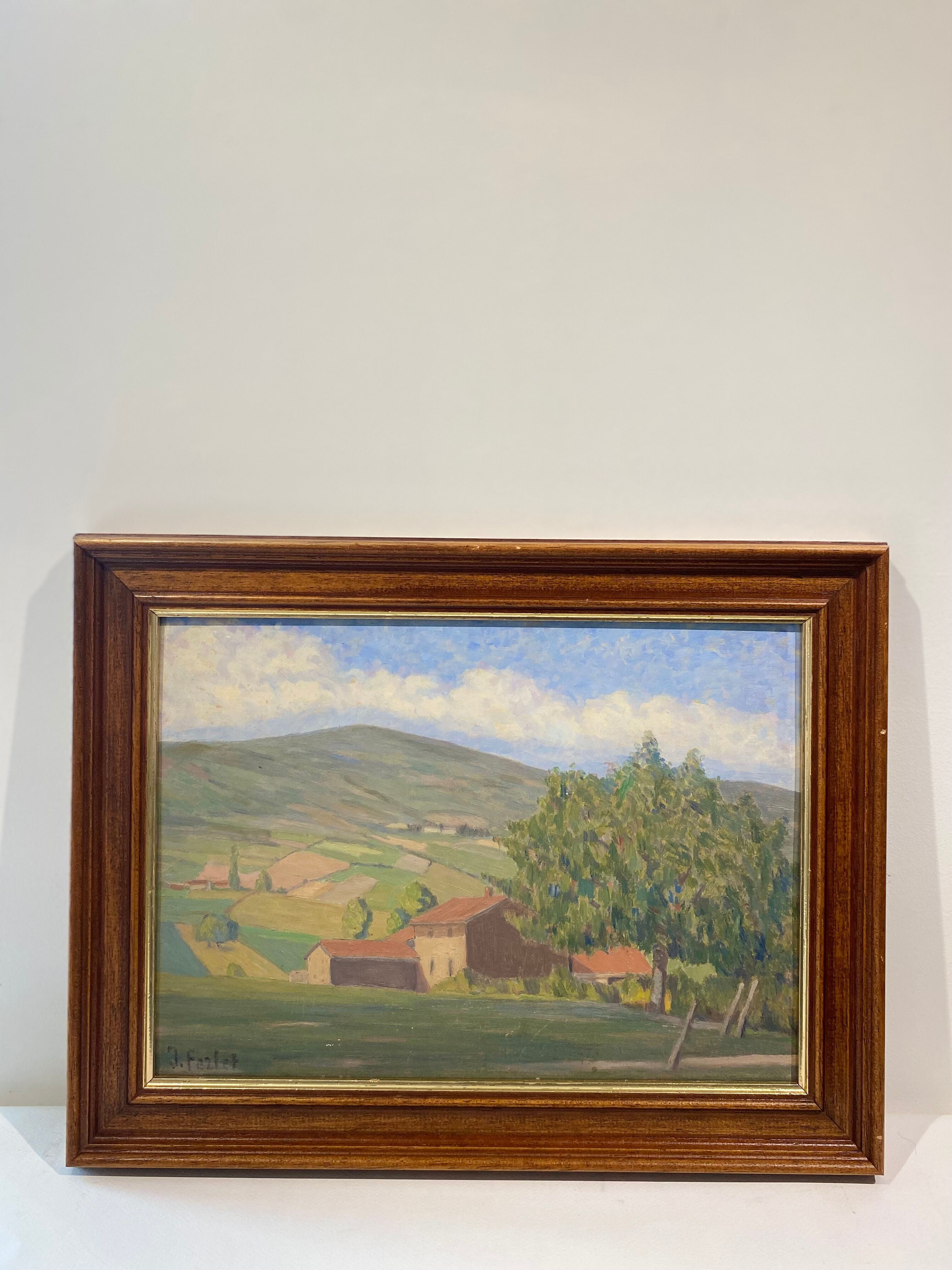 Old painting, landscape Monts Lyonnais, signed dated 1944