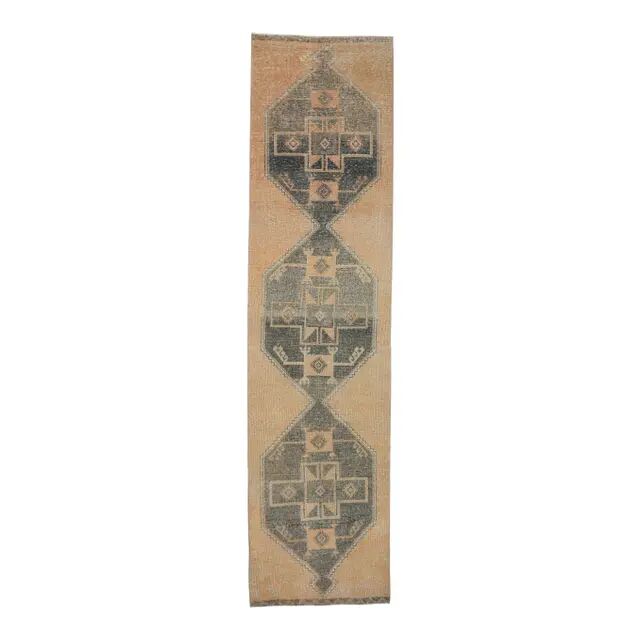 1970s Turkish Oushak handmade runner rug 95x386