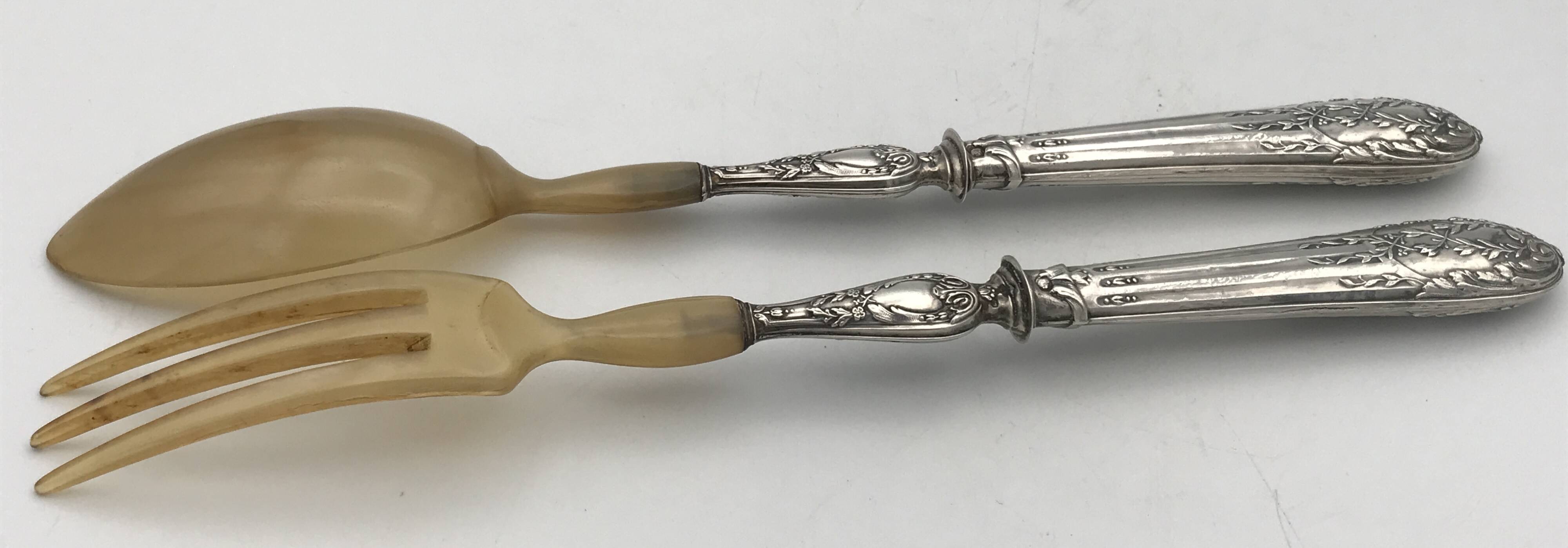 Serving cutlery, salad cutlery, in filled silver, minerva hallmarks