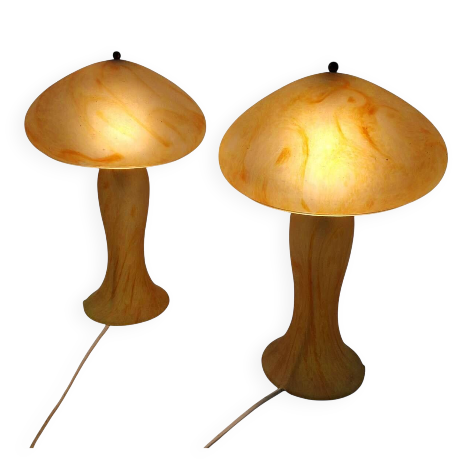 Pair of mushroom lamps in glass paste – Honey and amber tones