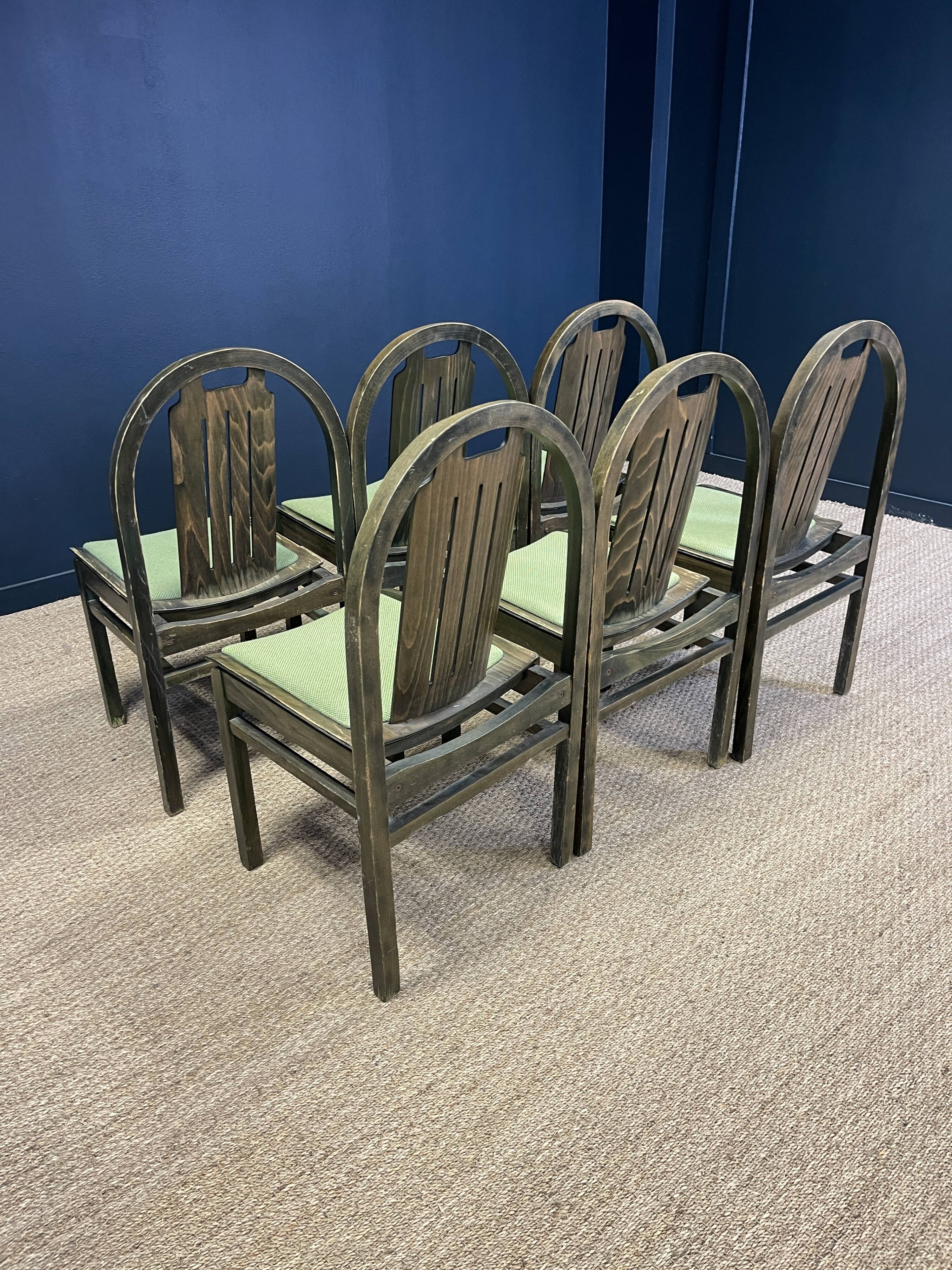 Set of 6 Baumann Argos bistro chairs in wood and green fabric from the 80s France
