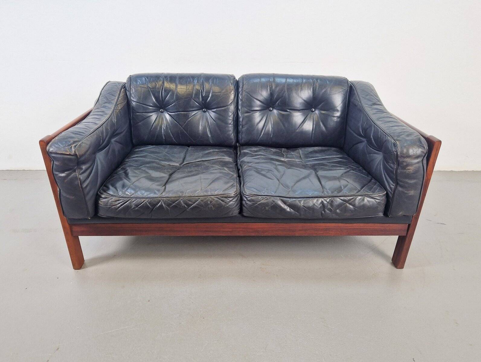 Mid-Century Modern Scandinavian Monte Carlo Sofa in Black Leather and Wood by Ingvar Stockum, 1965