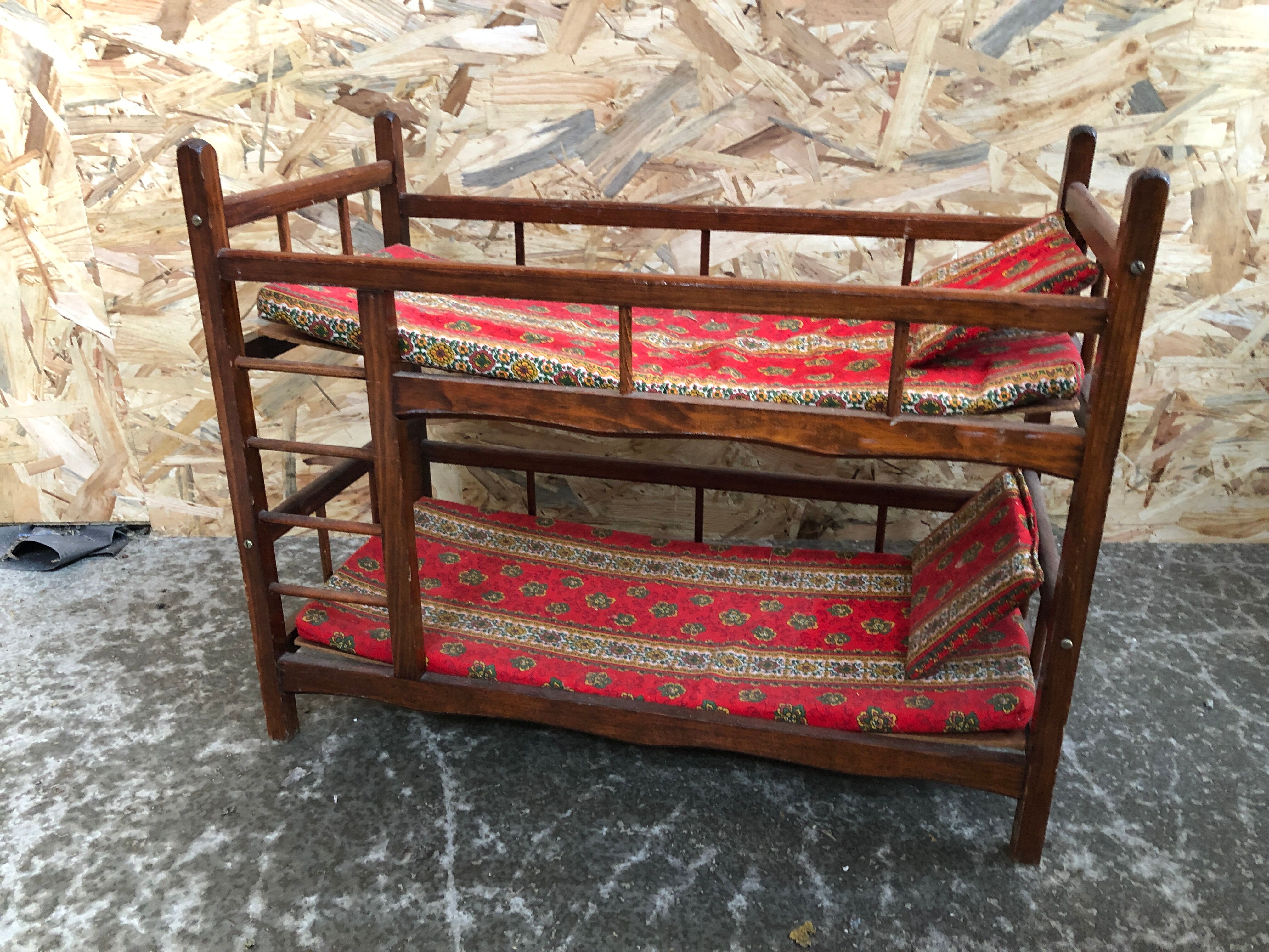 Old bunk bed doll wood + mattresses & cushions vintage fabric