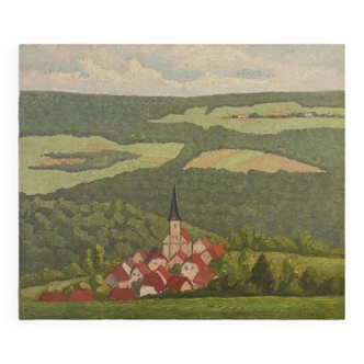 Painting bell tower in the countryside, signed a panchon, oil on canvas, 54x65cm