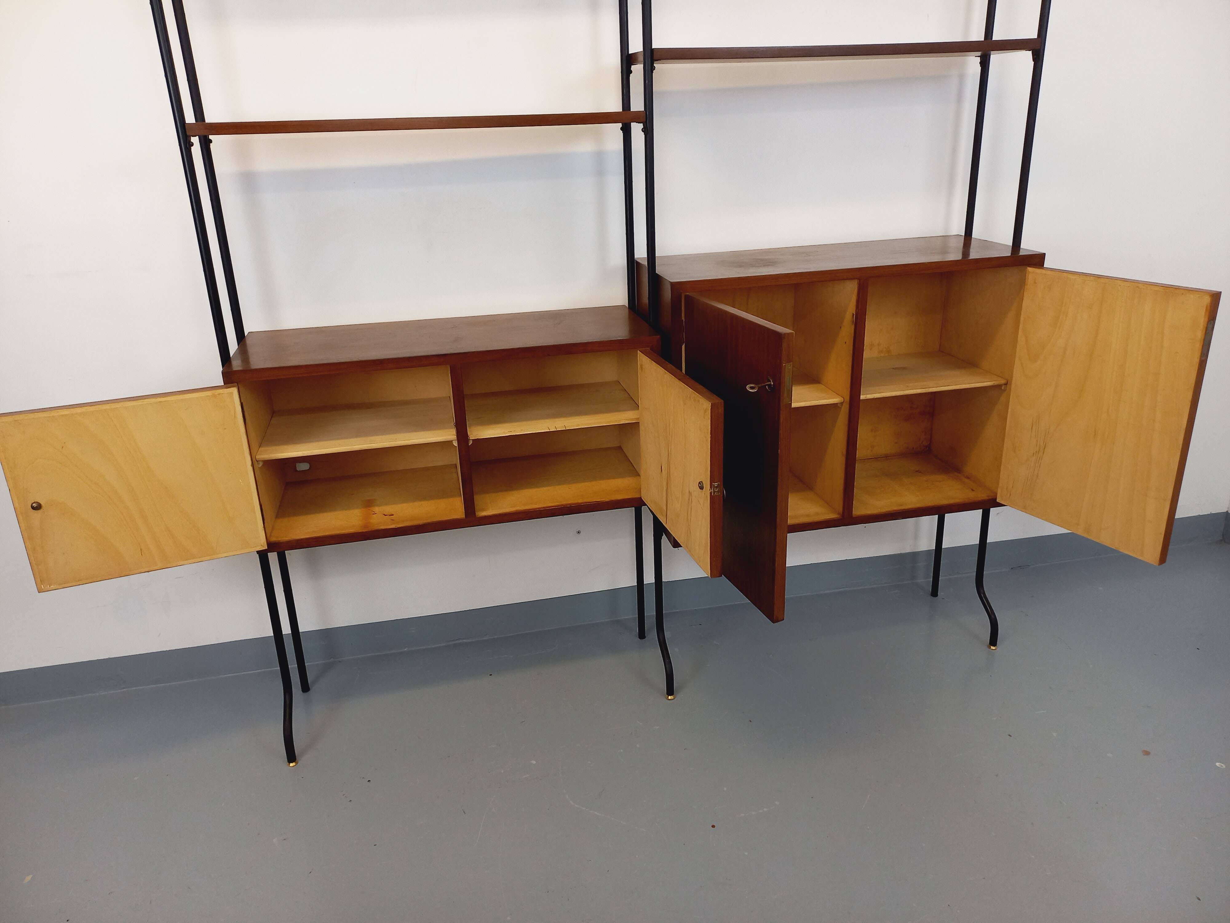 Vintage Italian double modular shelving unit in wood and metal