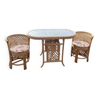 Table et chaises Duo Tiki en rotin et bambou vintage