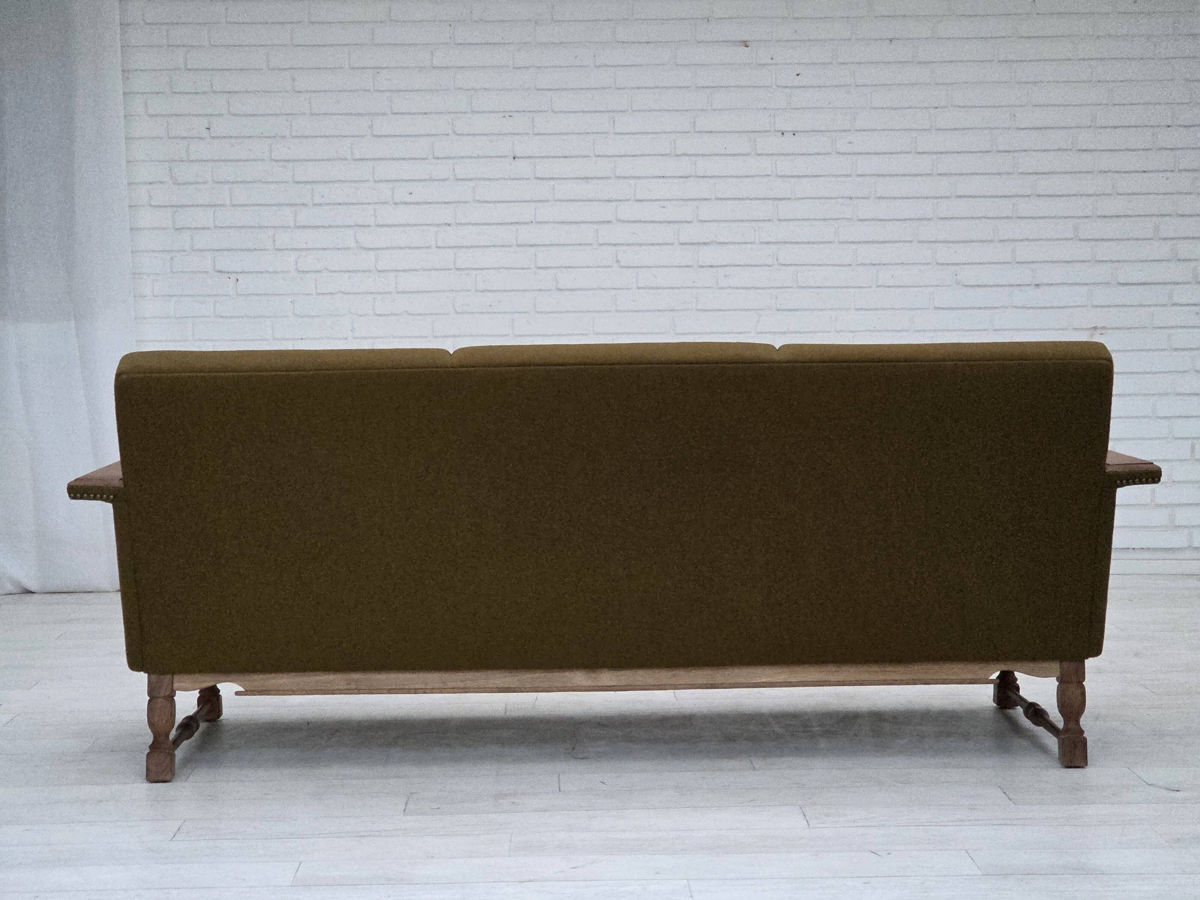 1970s, Danish 3-seater sofa, furniture wool, solid oak wood.