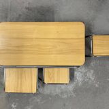 Set of 4 70s nesting coffee tables in metal and solid oak