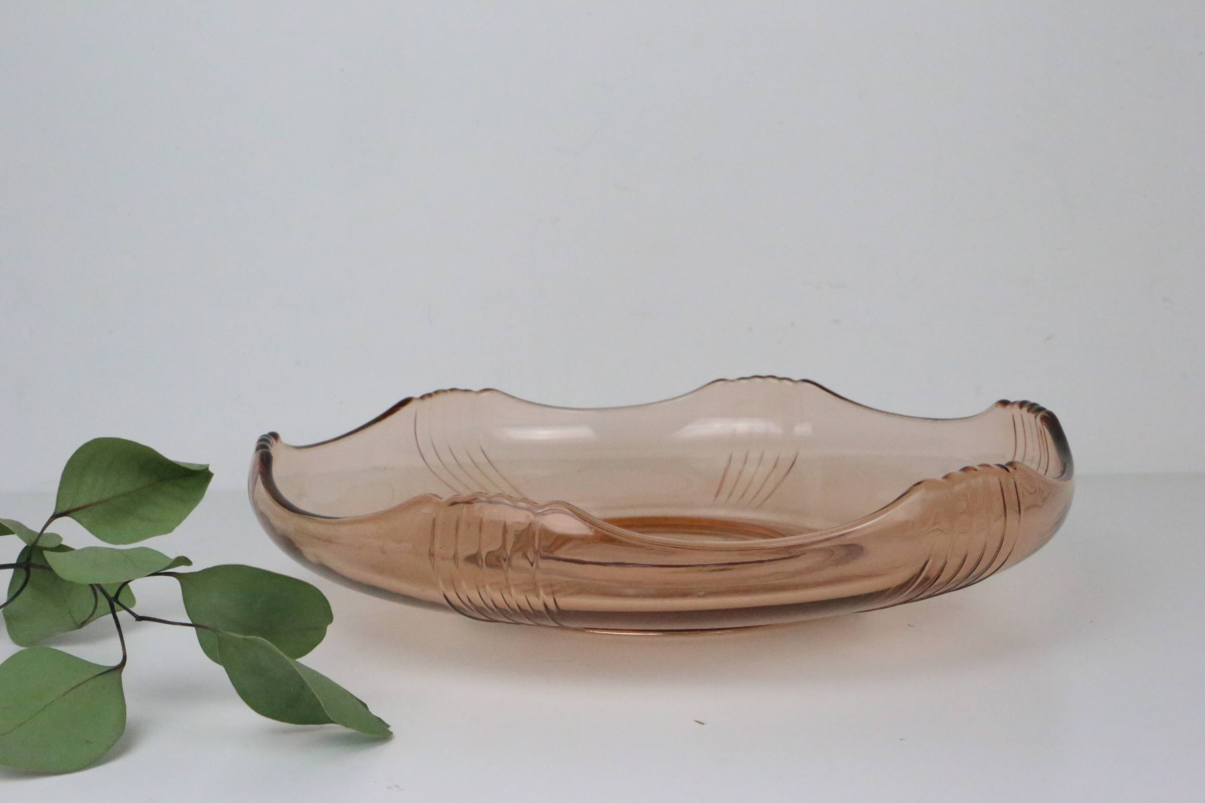 Round pink glass dish, empty pocket or salad bowl, molded glass, art deco