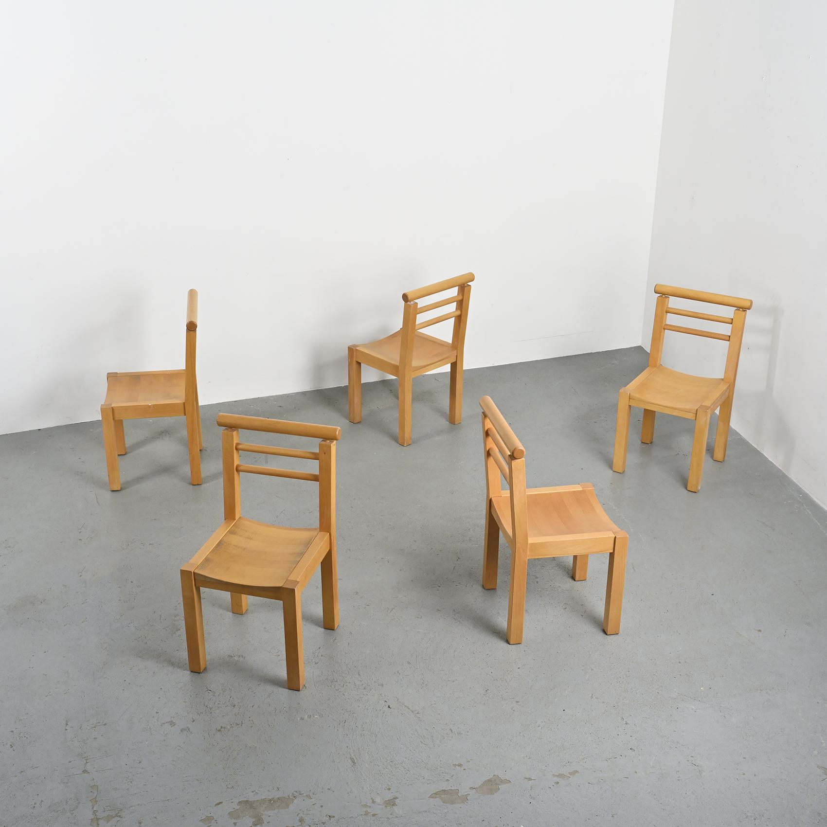 Solid beech chairs with log backs, French work, 1980