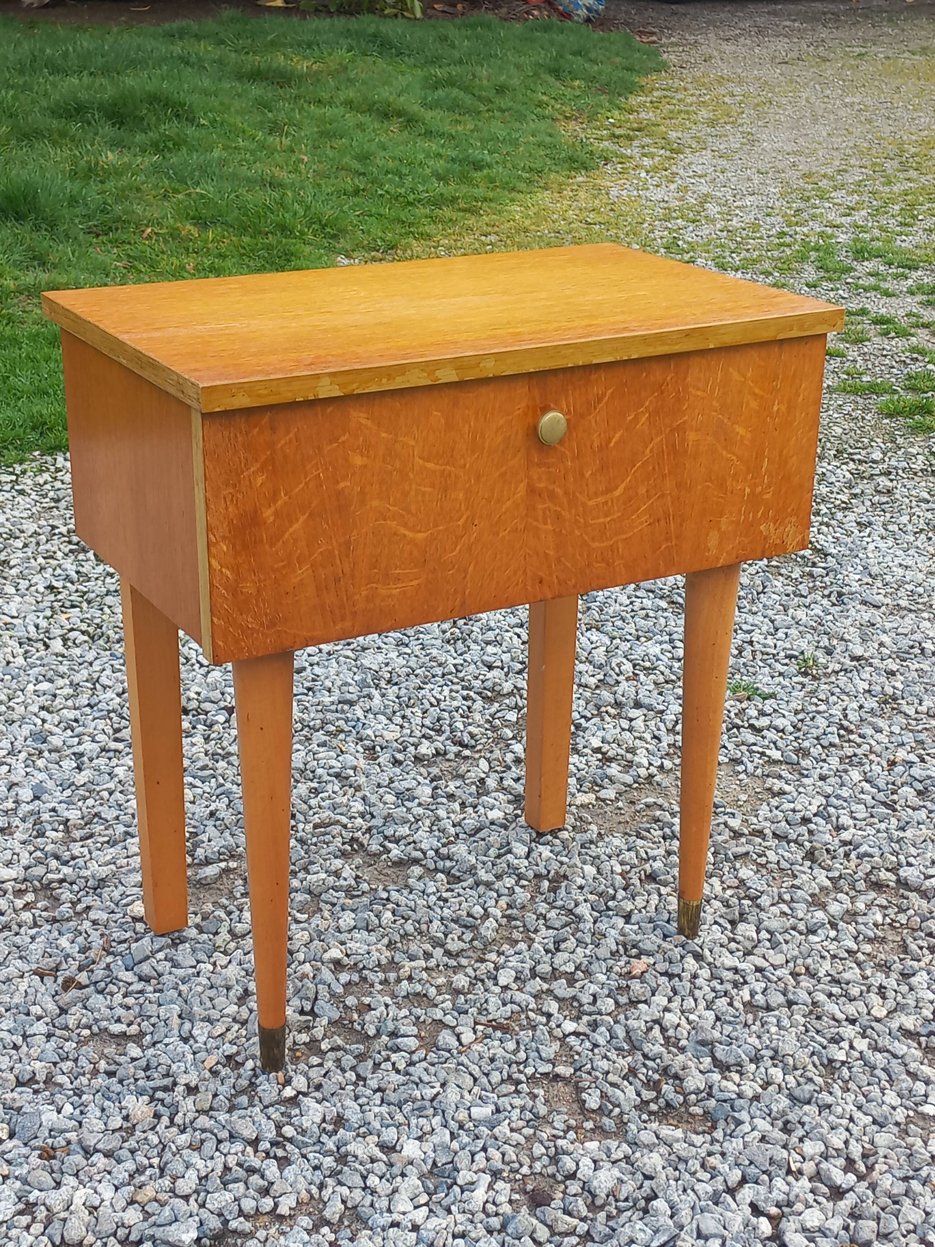 Vintage 1950s bedside table in blond oak with conical legs