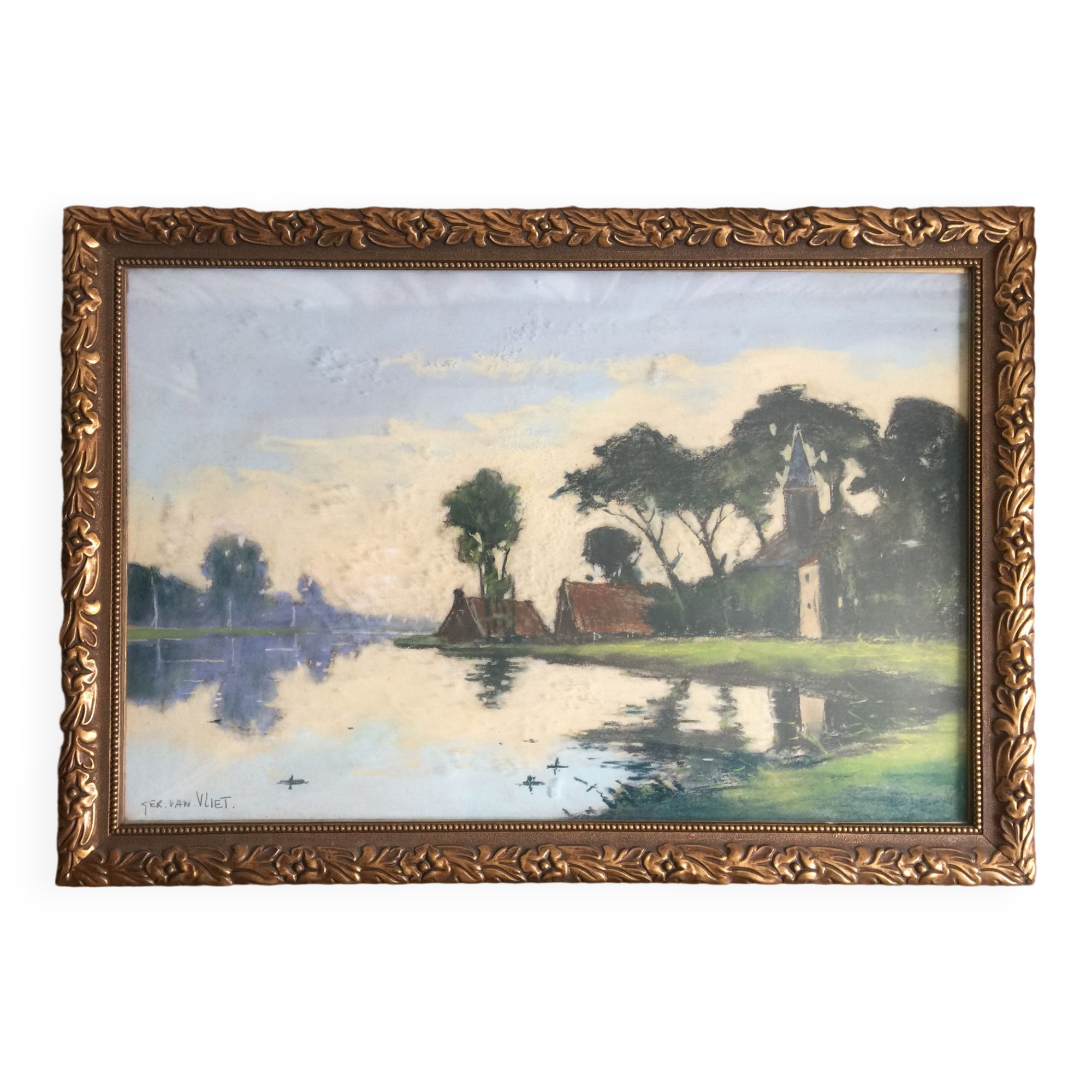 "calm water in holland": large pastel signed "ger van vliet"