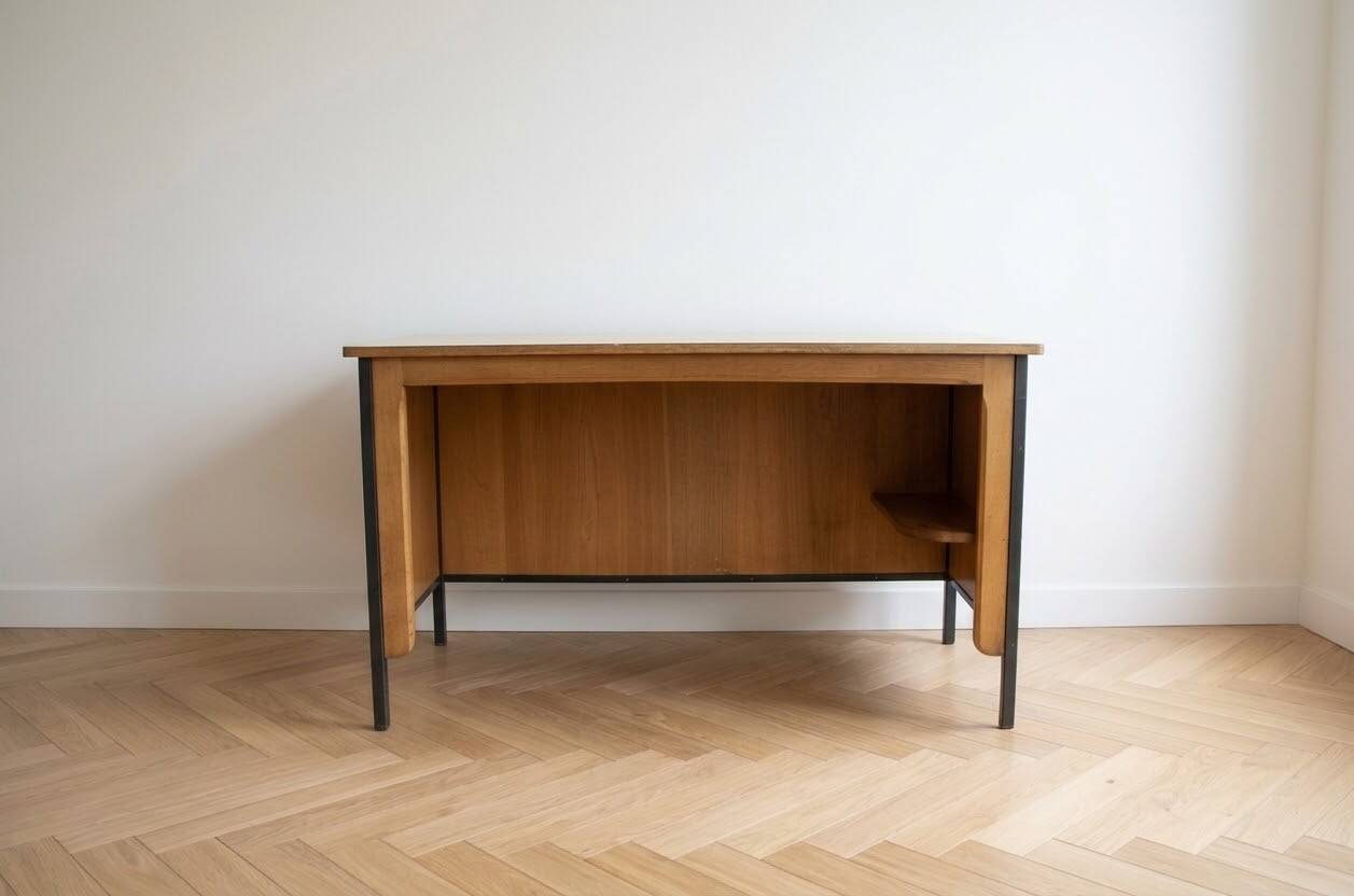 Vintage style desk by Jean Prouvé in oak and black metal.