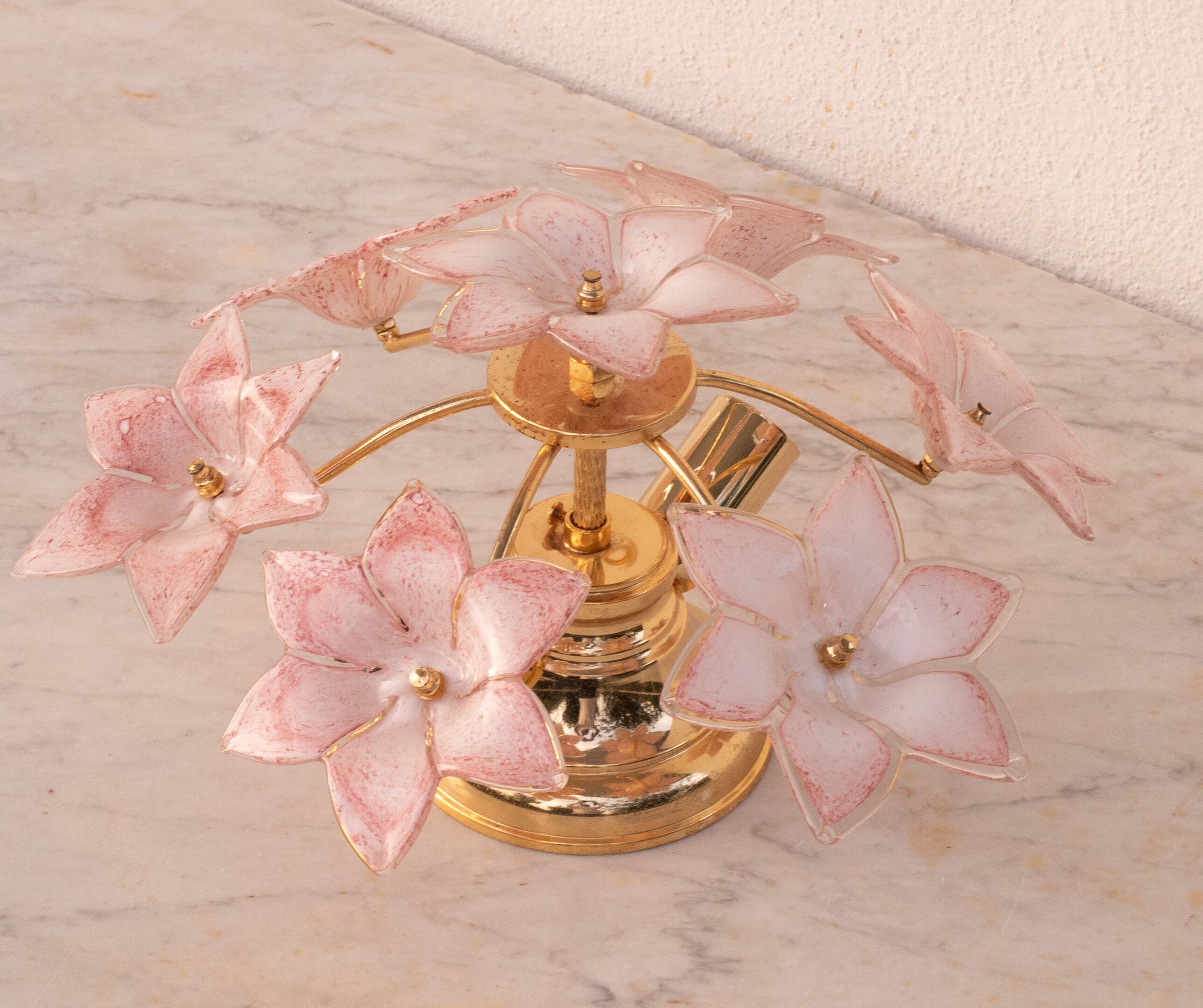 Lovely Murano Vintage Ceiling Light Pink Flowers, 1970s