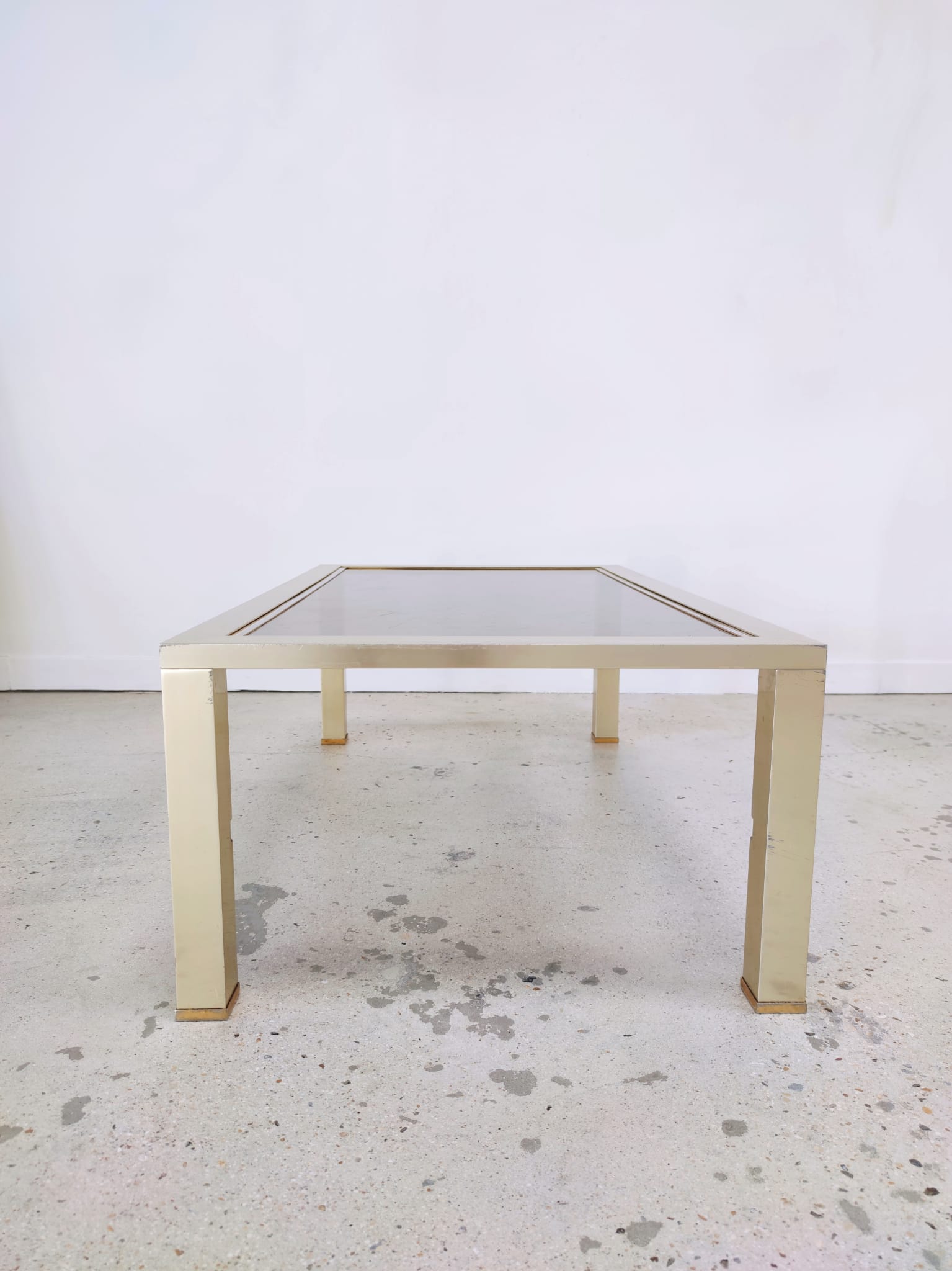 Vintage coffee table 1970s brushed metal smoked glass