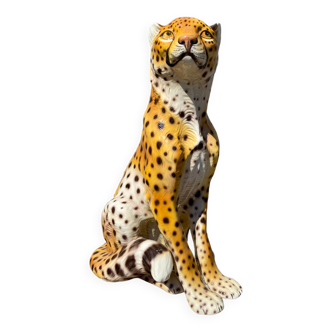 statue Leopard Panther subject in hand-painted enameled ceramic from the 70s