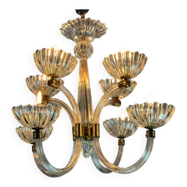 Lustre Vénitien En Verre De Murano Incolore Et Laiton Vers 1950