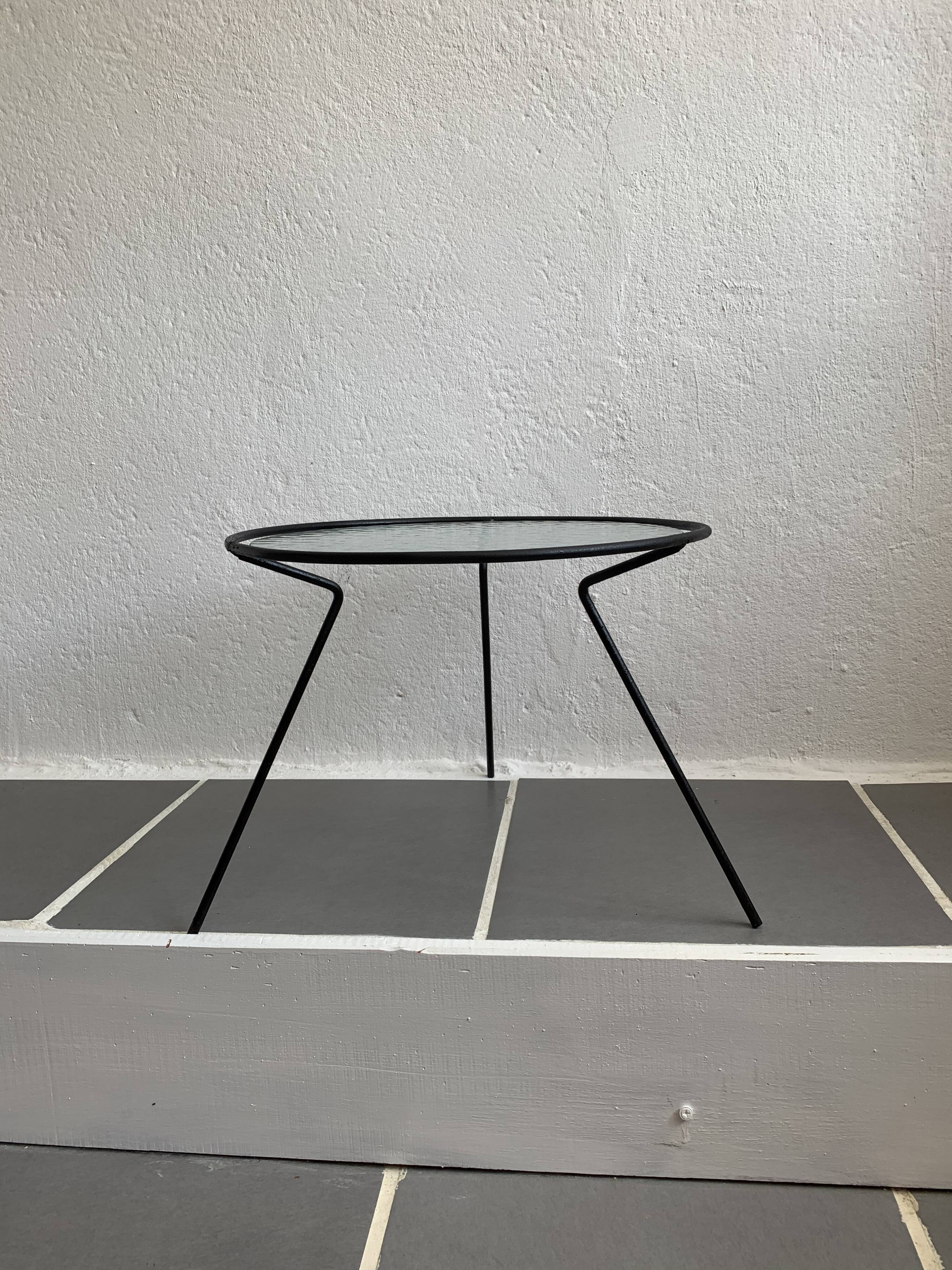 Vintage tripod glass and metal coffee table