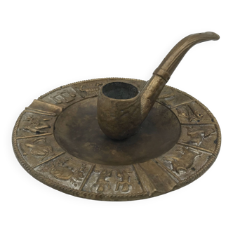 Vintage BRONZE ASHTRAY decorated with PIPE and Zodiac Signs