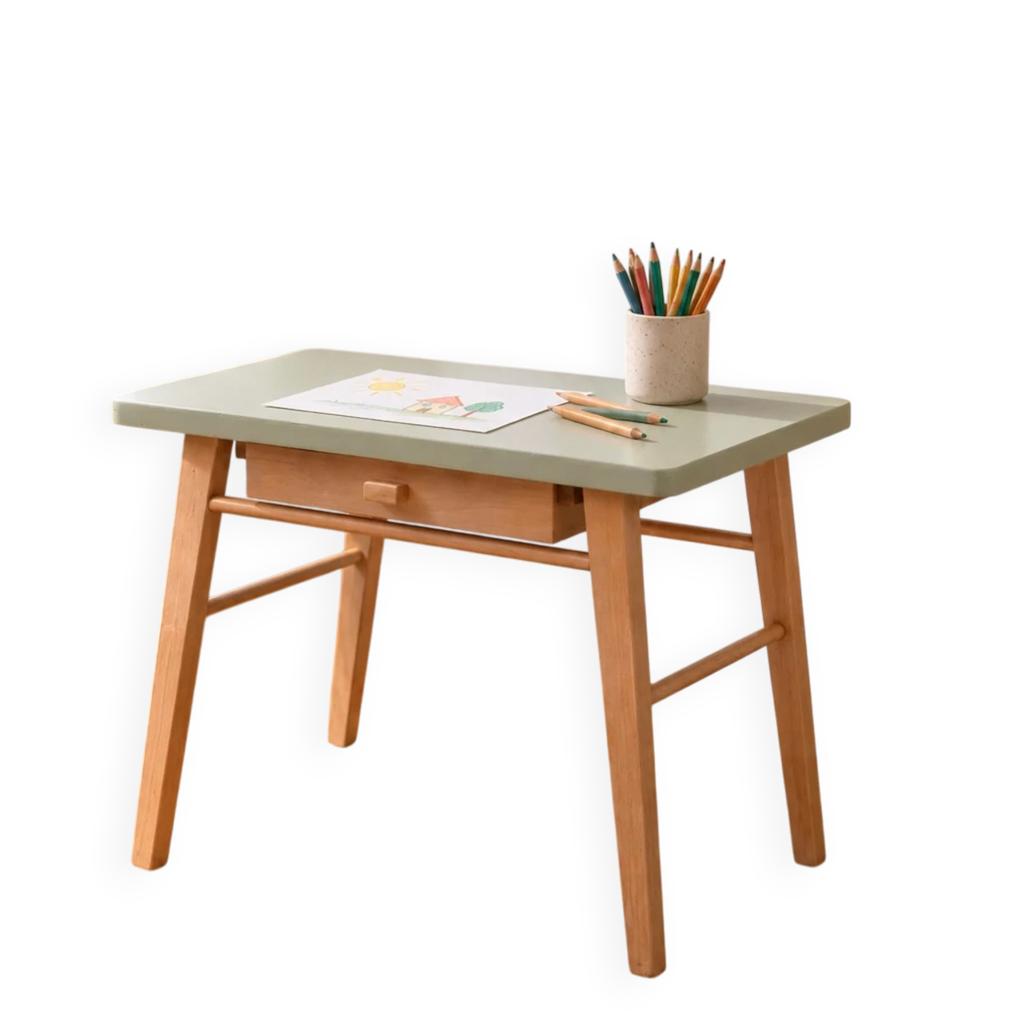 Small vintage children's desk attributed to Baumann – natural wood and lizard green top.