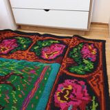 Vintage Romanian rug with deers, nature scenery on a floral background