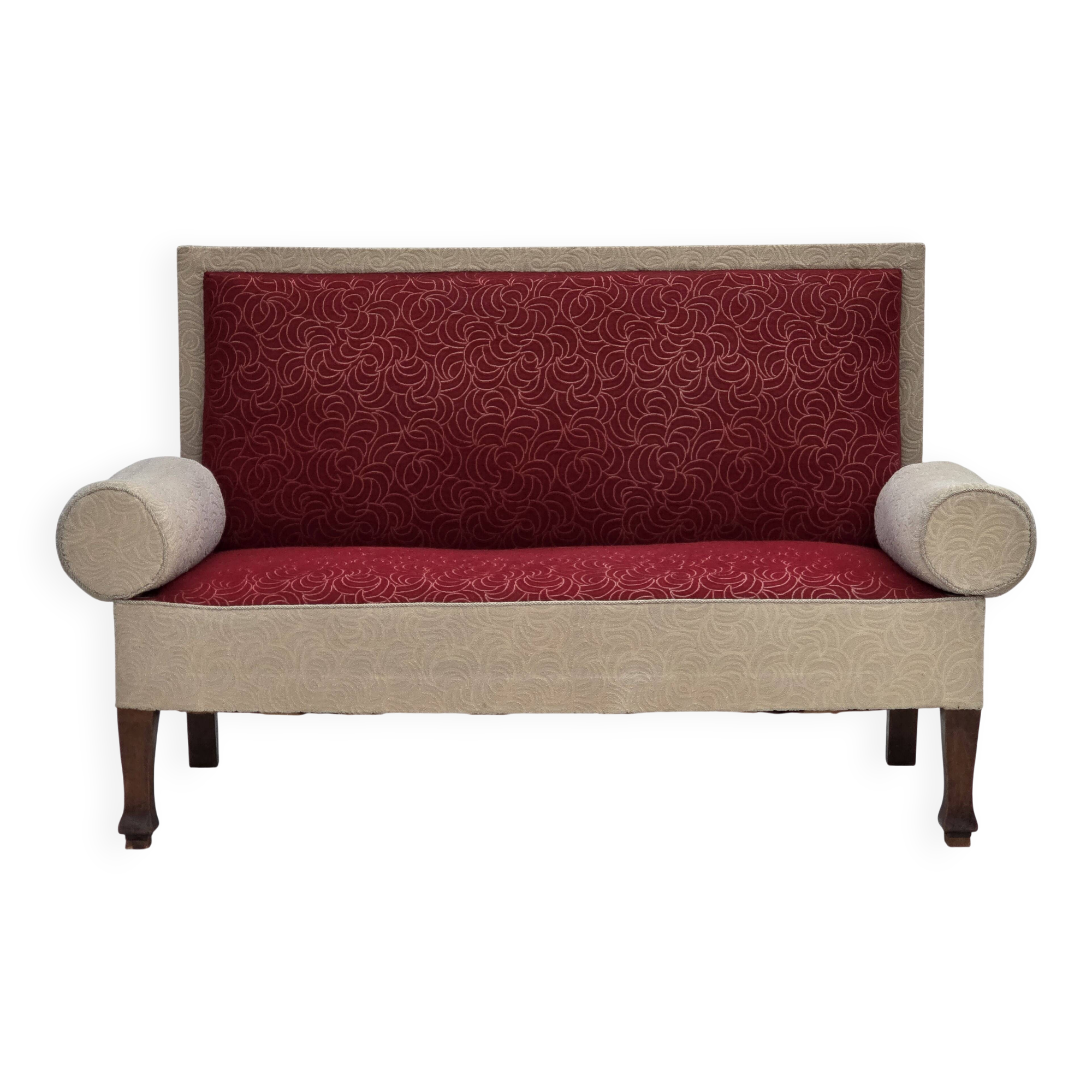 Canapé-lit danois des années 1950, laine d'ameublement rouge/beige, pieds en bois de frêne.