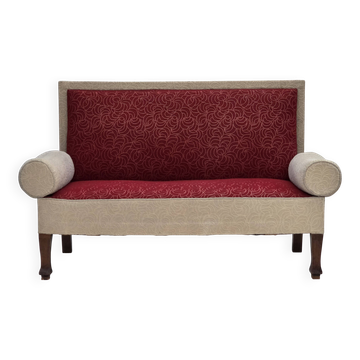 Canapé-lit danois des années 1950, laine d'ameublement rouge/beige, pieds en bois de frêne.