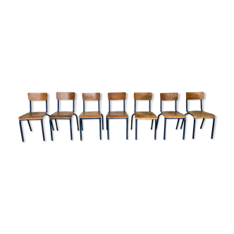 7 industrial school chairs stackable vintage wooden and blue tubular metal 1950
