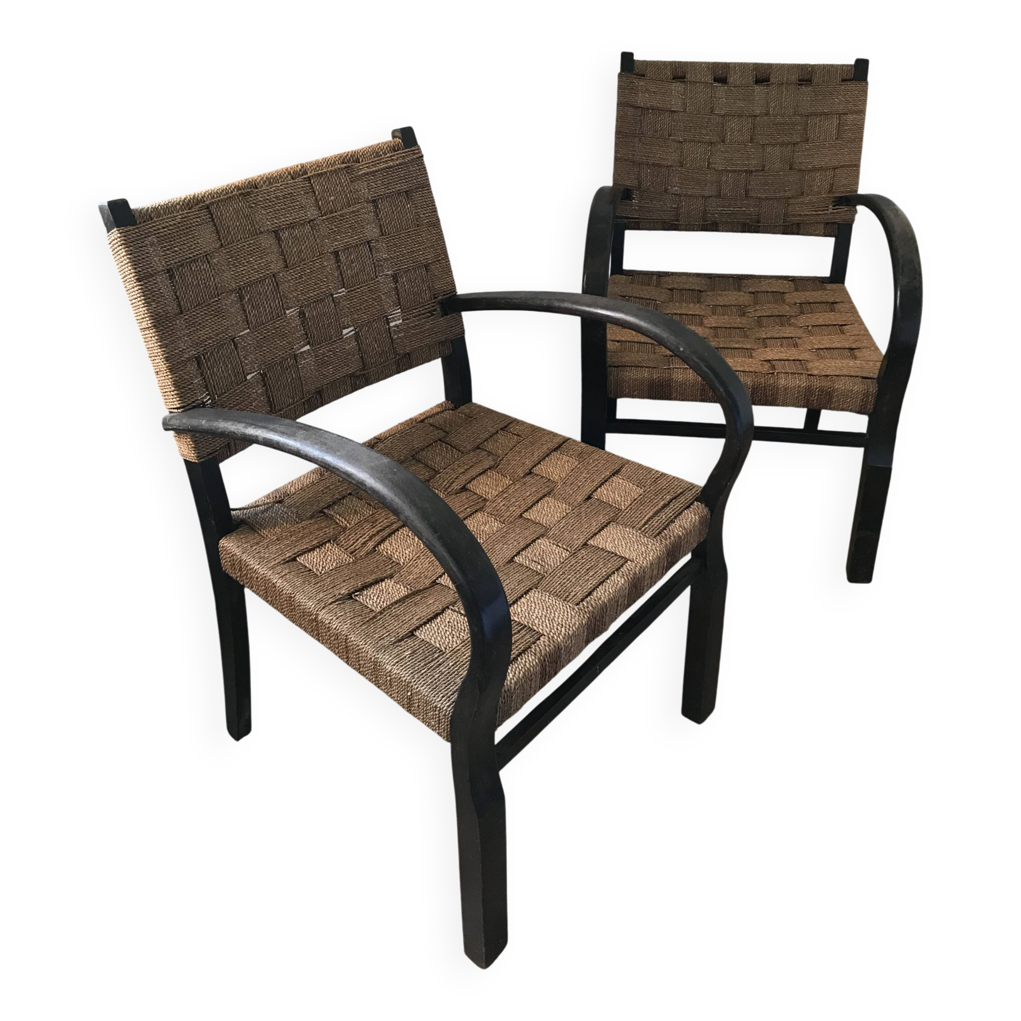 Pair of vintage rope armchairs, wooden frame, Sweden, 1960, Axel Larsson