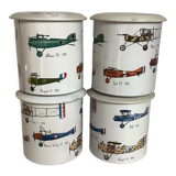 4 old metal boxes lithographed aircraft pattern