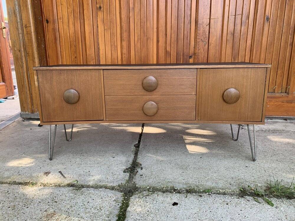 Scandinavian teak sideboard with a black top and metal hairpin legs - 1960s