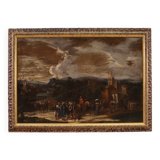 Grand tableau de paysage italien avec personnages du XVIIIe siècle