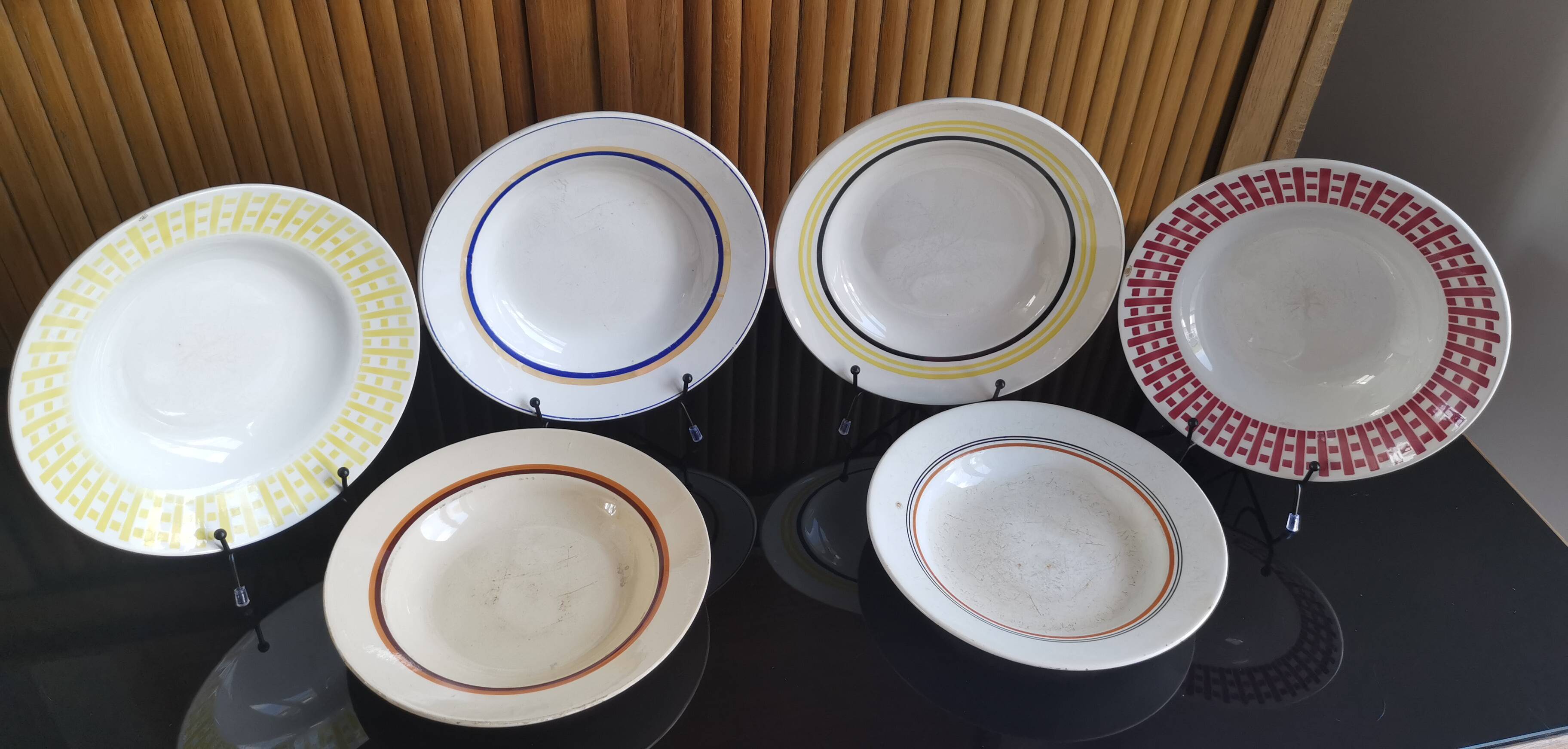 6 old plates mismatched geometric patterns Moulin des Loups, St Amand