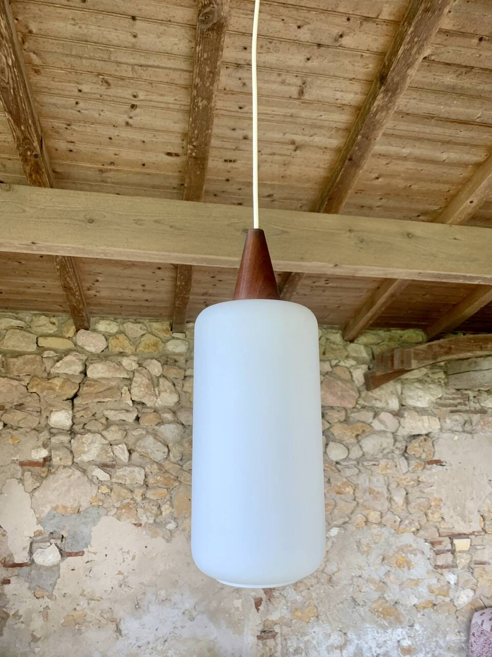Scandinavian Pendant Lamp in Teak and Opaline, Circa 60´s