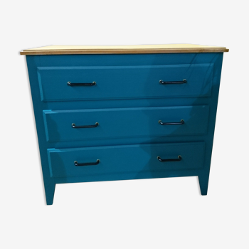 Commode vintage chêne clair et bleu canard