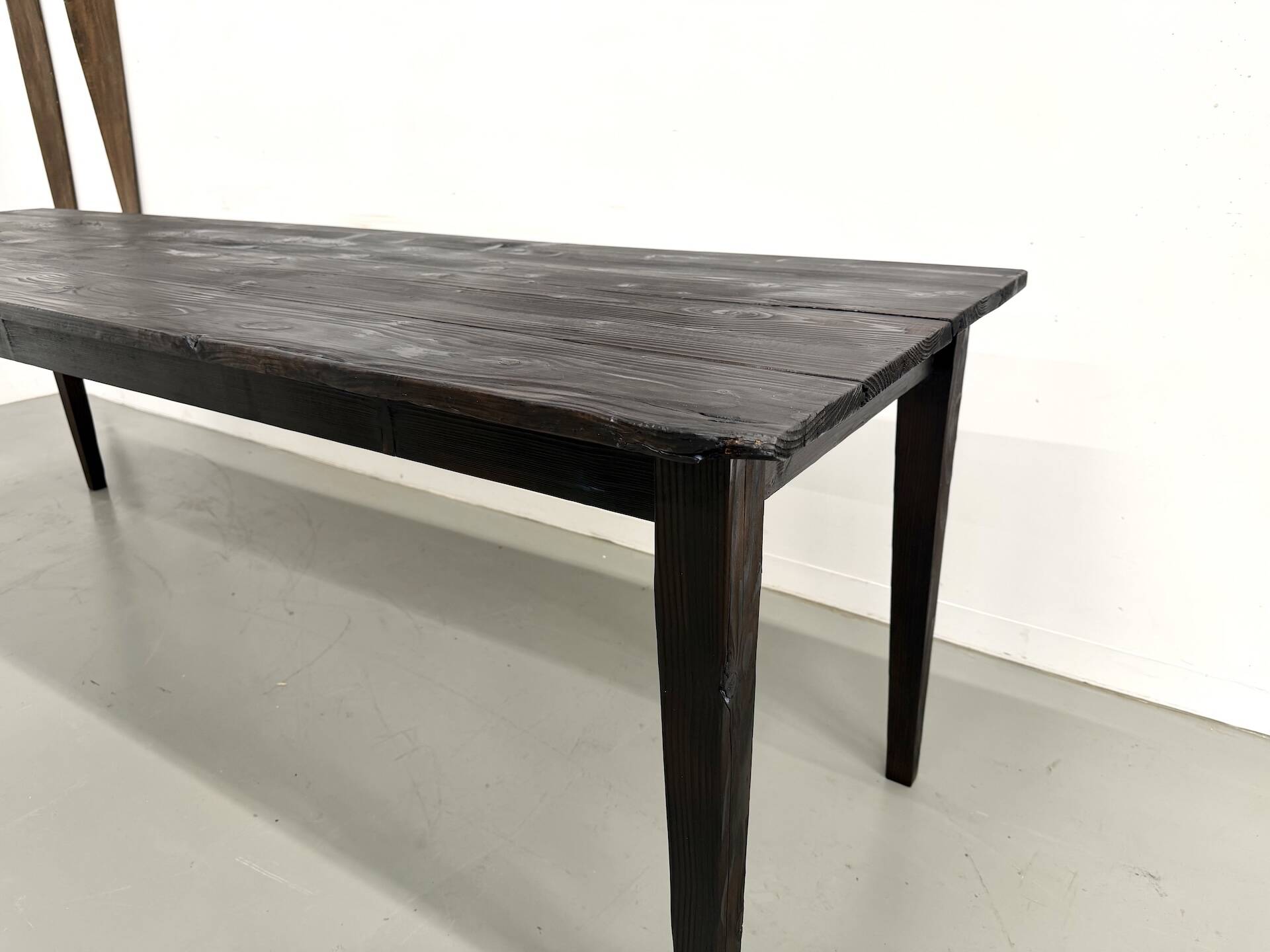 Large 1950s Farm Table in Burnt Wood (Shou Sugi Ban) – L245 cm