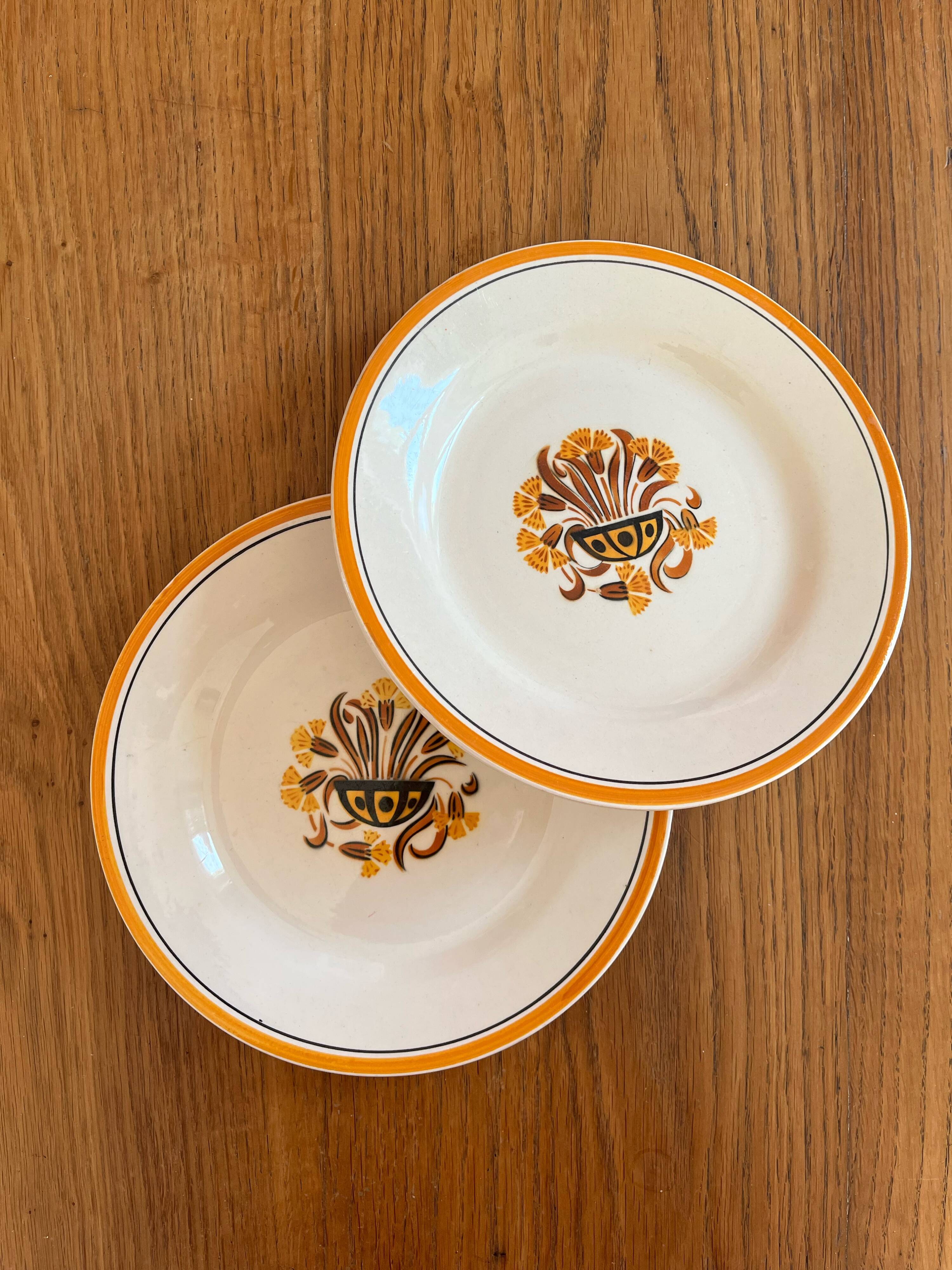 2 flat ironstone plates, Carnations, Creil and Montereau