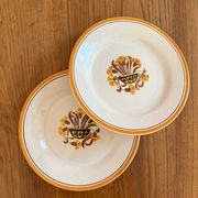 2 flat ironstone plates, Carnations, Creil and Montereau