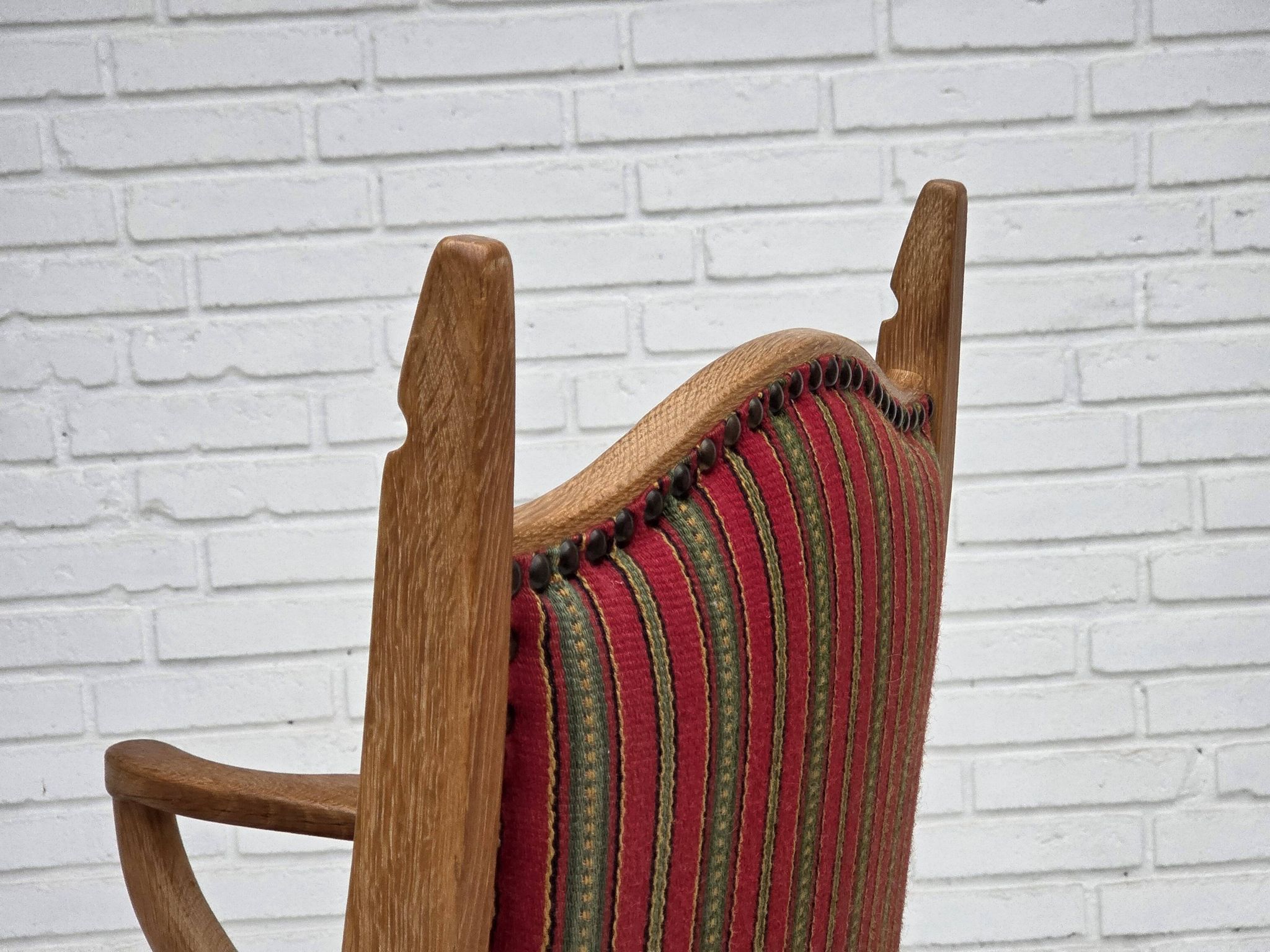 1970s, Danish armchair, striped red furniture wool, solid oak wood.