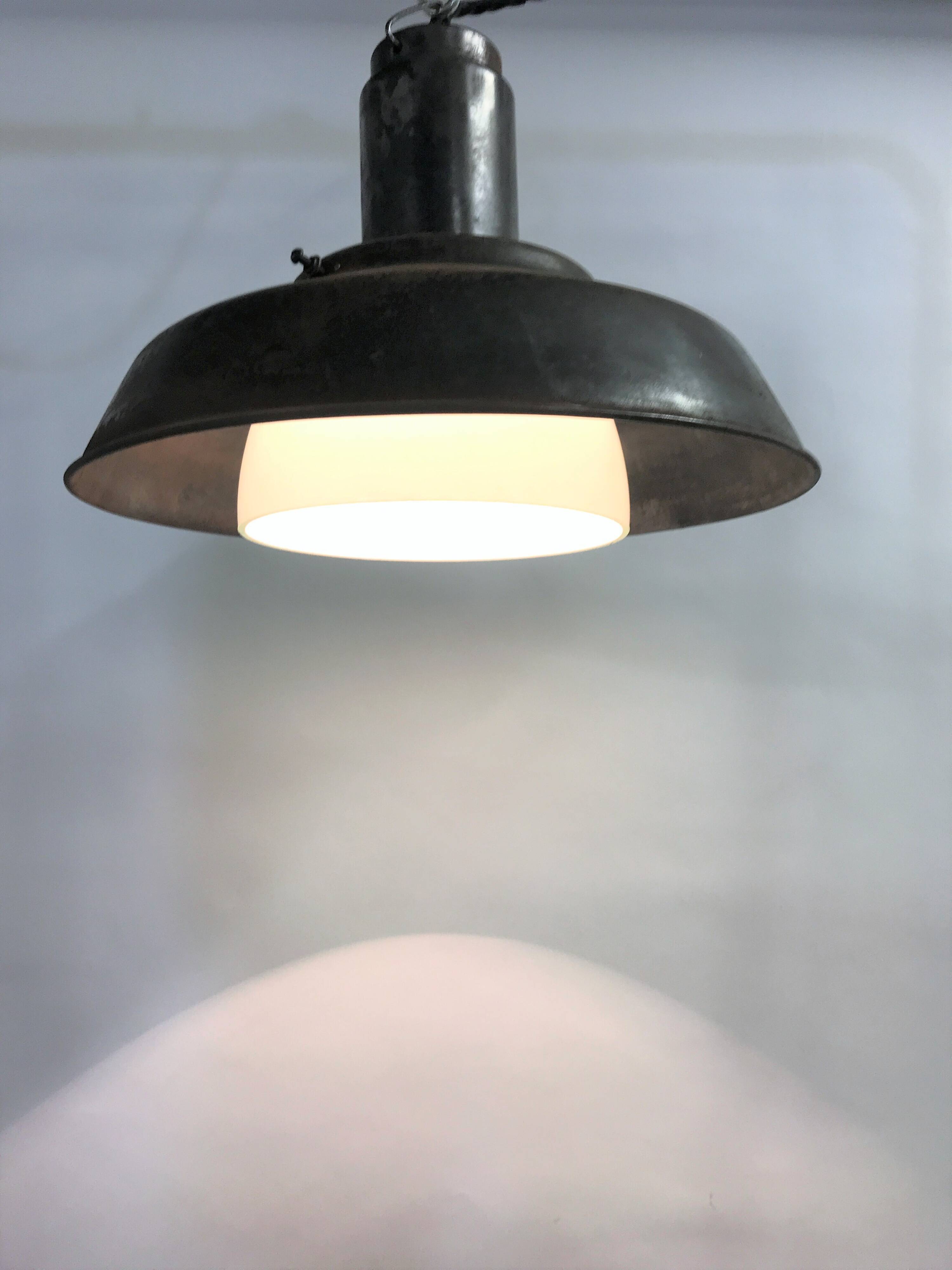 Vintae industrial pendant light with an opaline lamp shade, 1960s