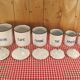 6 old spice pots in white and blue enamelled sheet metal
