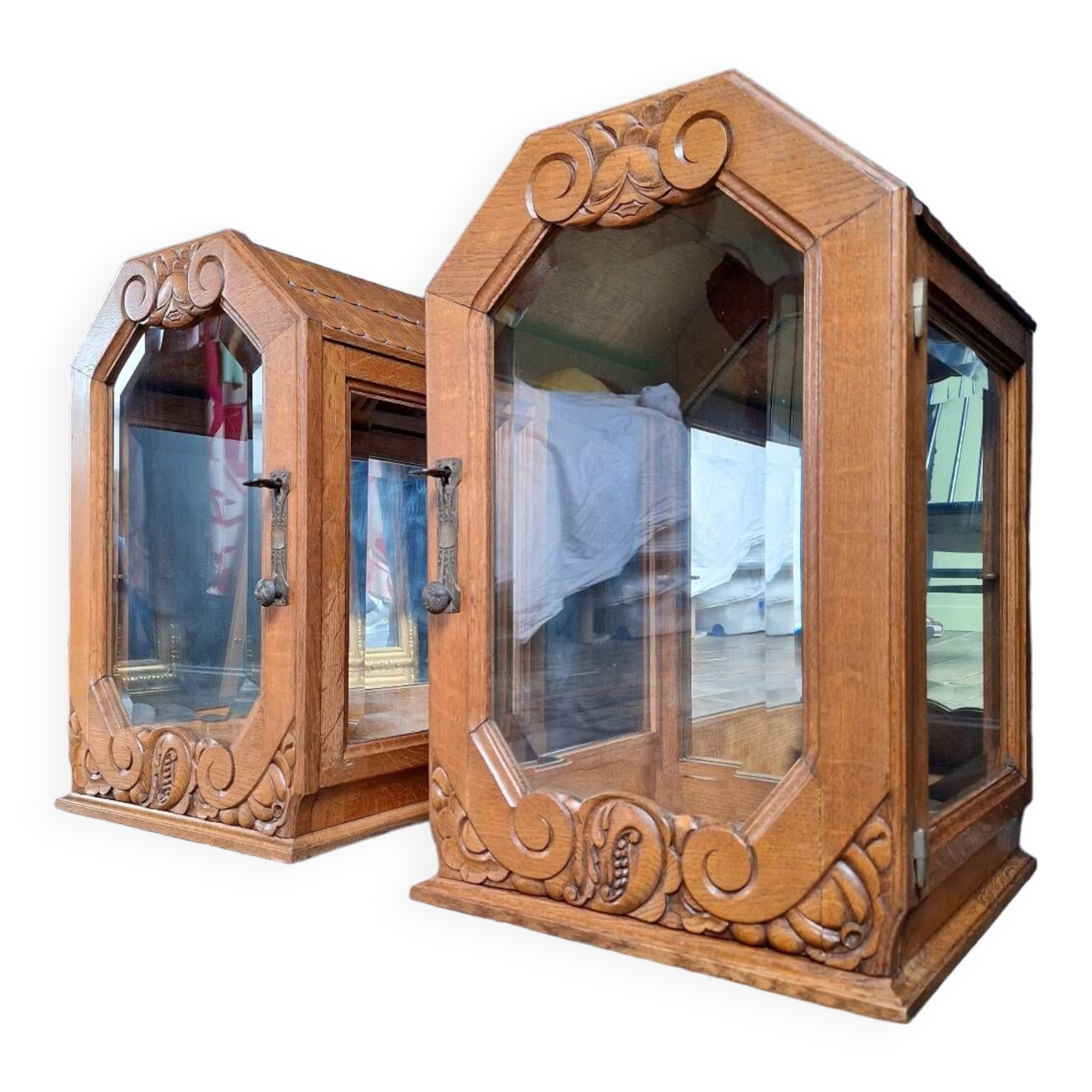 Pair of antique art deco display cabinets, vintage retro decoration