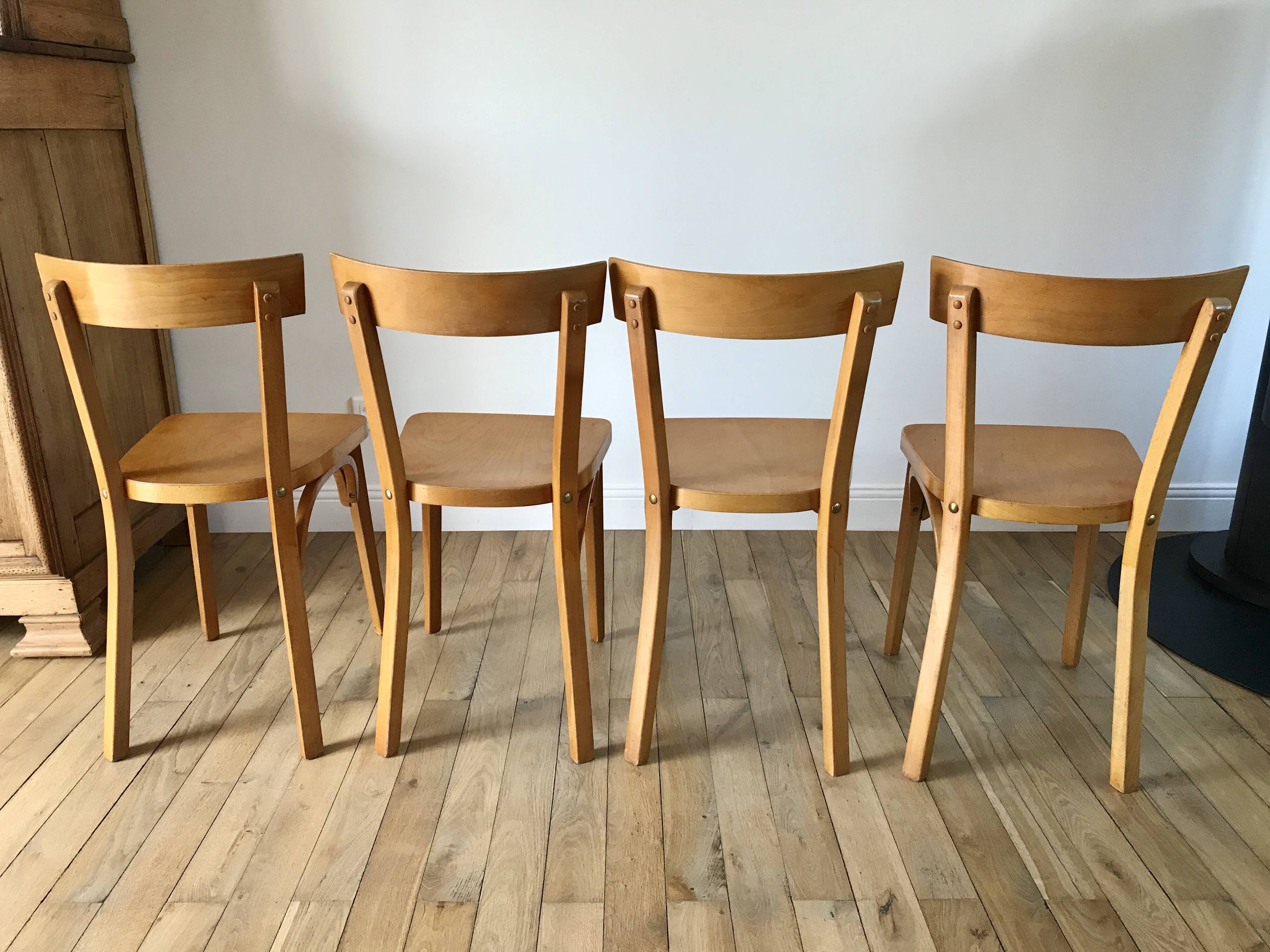 Set of 4 baumann bistro chairs in blond wood / honey stamped 40-50 years
